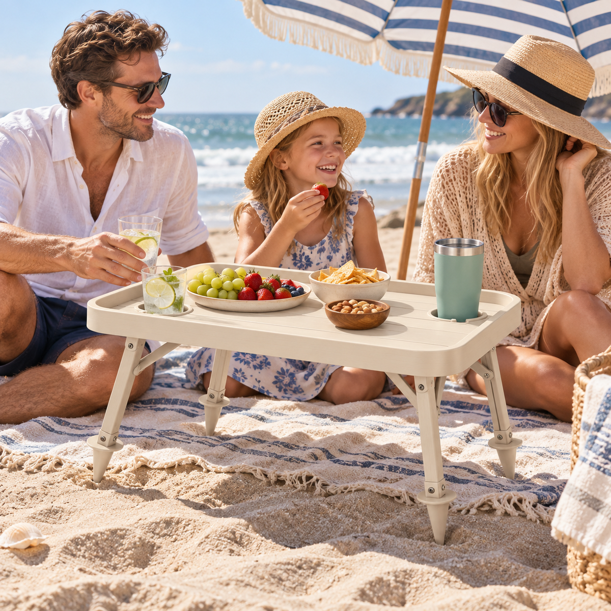 Sand-Spike Folding Beach Table with Cup Holders