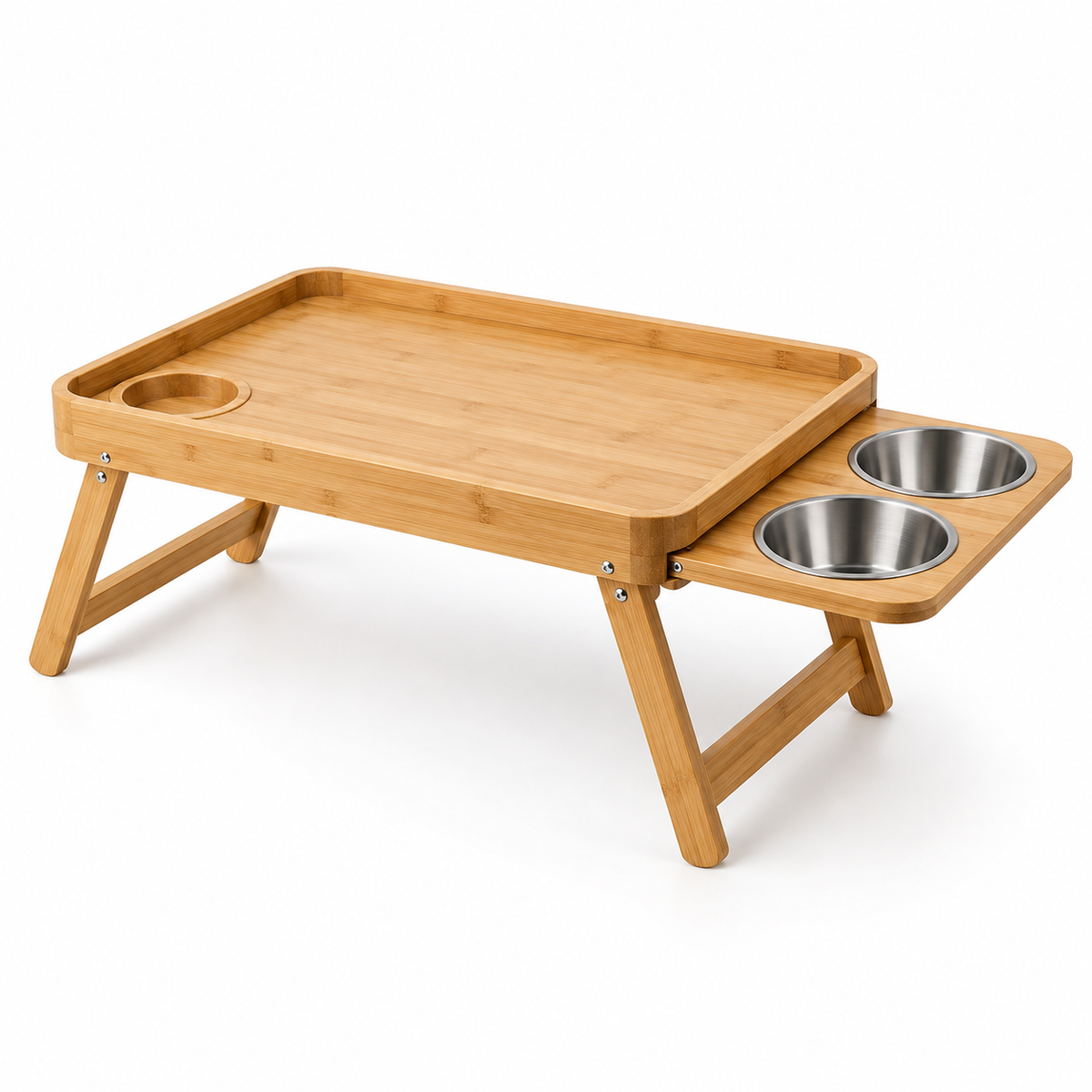 Bamboo Bed Tray with Built-In Pet Bowls