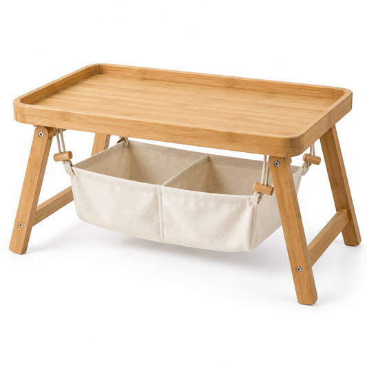 Bamboo Bed Tray with Hanging Storage Pouch