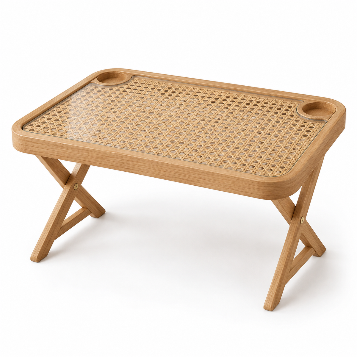 French Cane Rattan Bed Tray with Glass Top