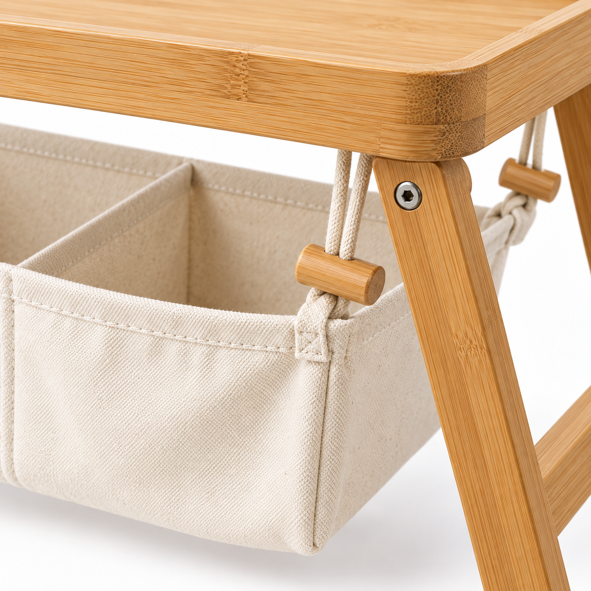 Bamboo Bed Tray with Hanging Storage Pouch