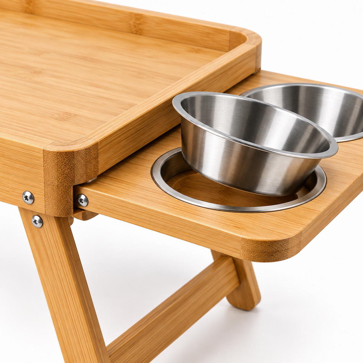 Bamboo Bed Tray with Built-In Pet Bowls