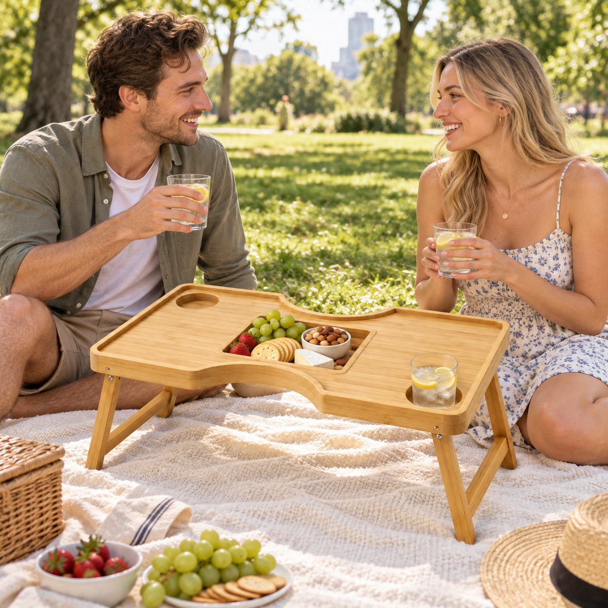 Curved Two-Person Facing Bamboo Breakfast Tray