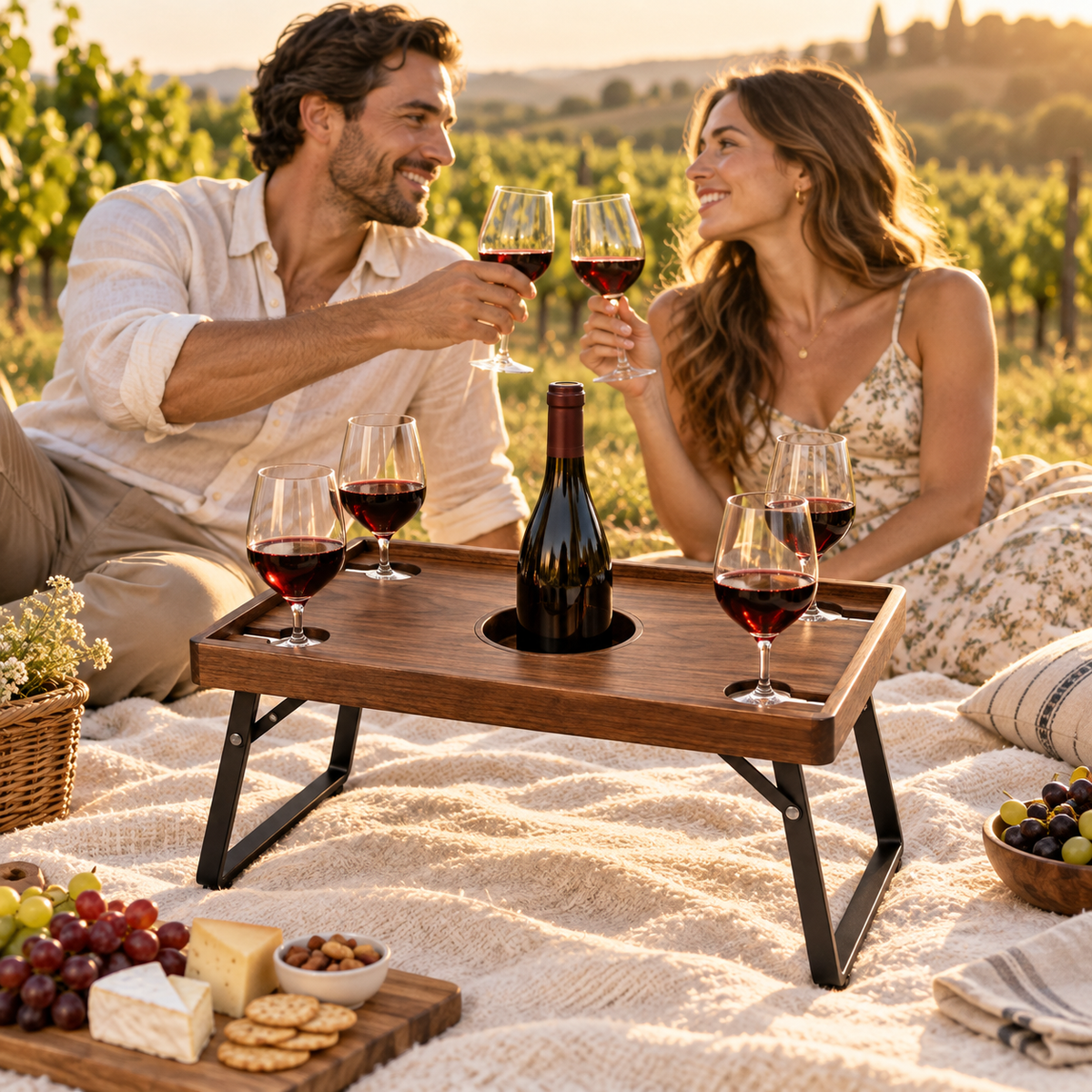 Walnut Wine Glass Party Tray with Folding Legs