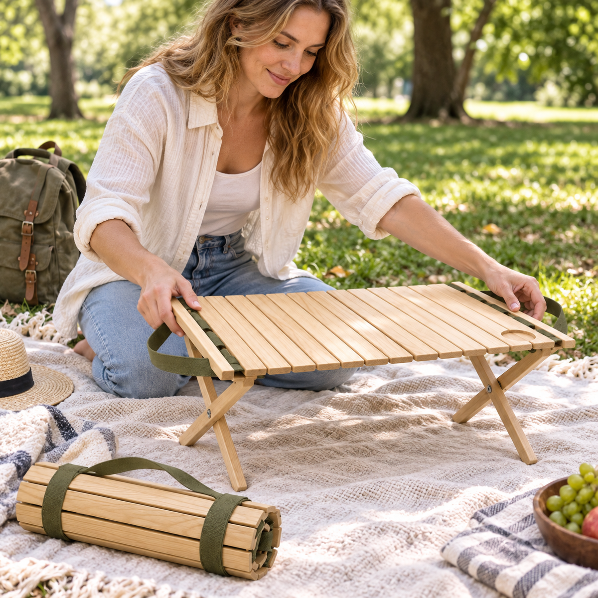 Roll-Up Wooden Slat Portable Camp Table