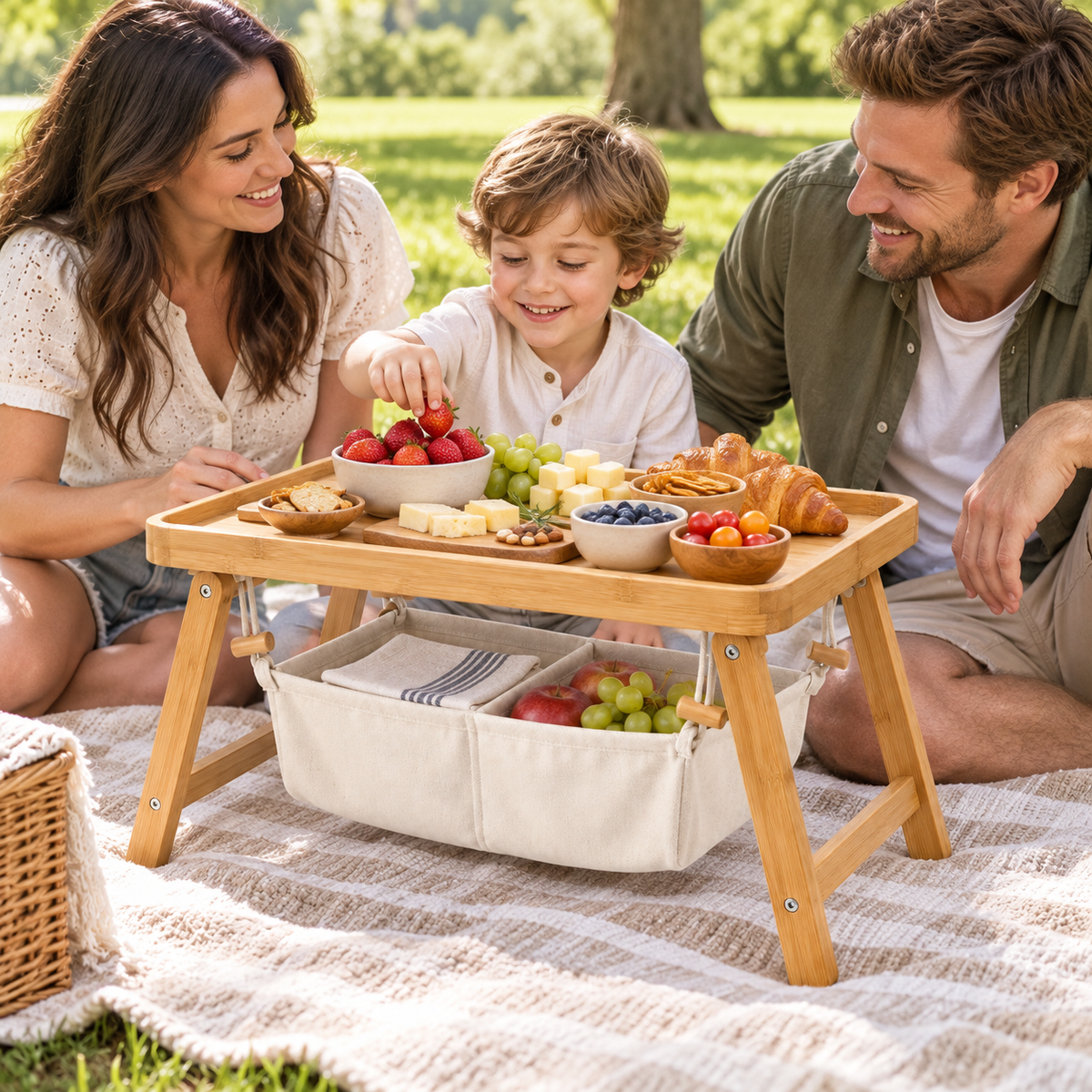 Bamboo Bed Tray with Hanging Storage Pouch