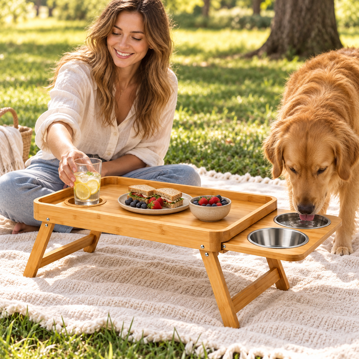 Bamboo Bed Tray with Built-In Pet Bowls