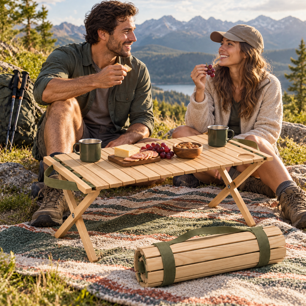 Roll-Up Wooden Slat Portable Camp Table