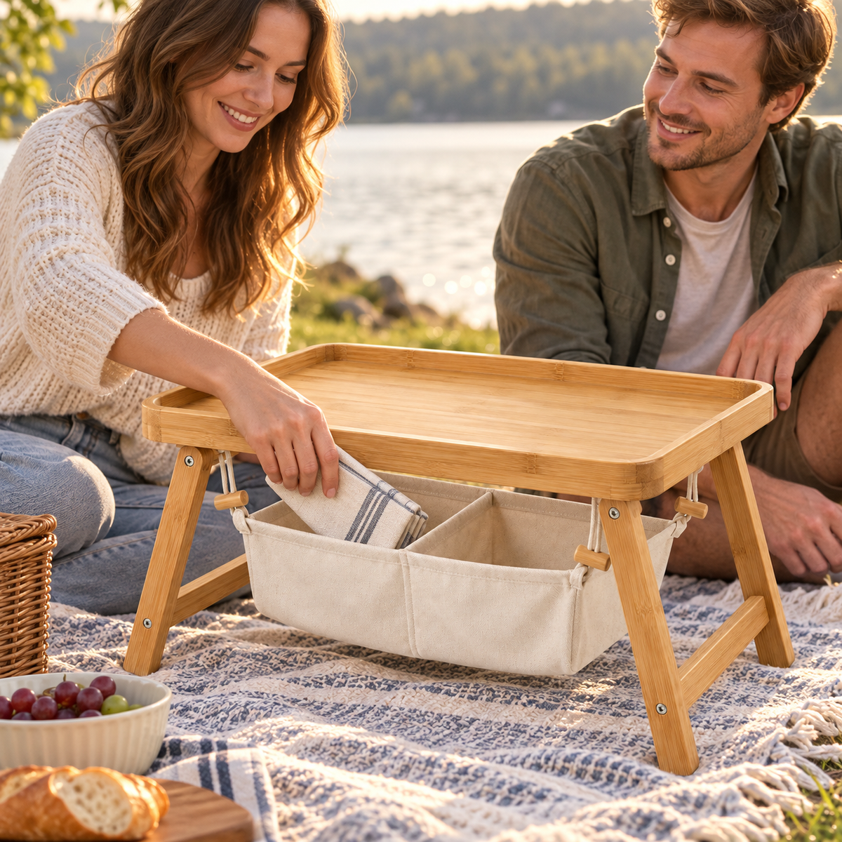 Bamboo Bed Tray with Hanging Storage Pouch