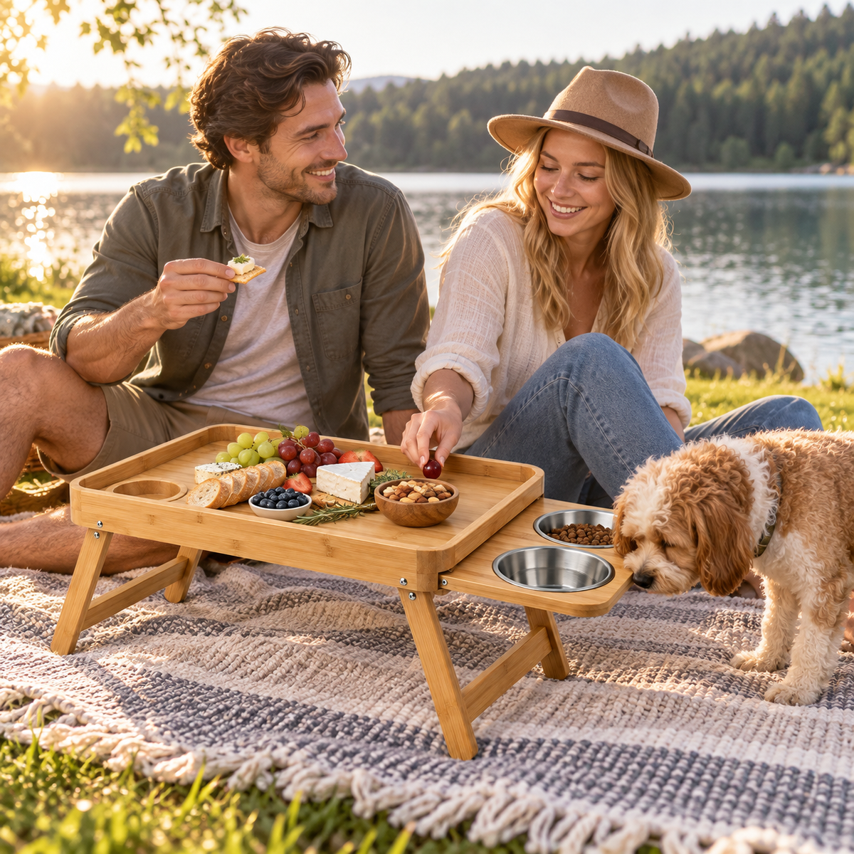 Bamboo Bed Tray with Built-In Pet Bowls