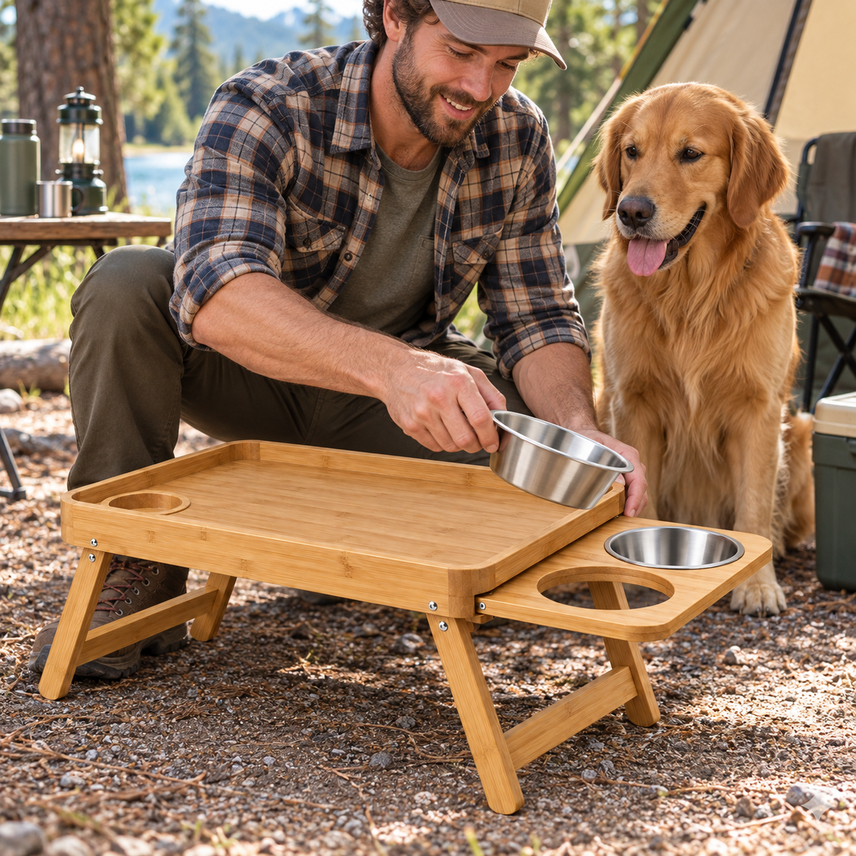 Bamboo Bed Tray with Built-In Pet Bowls