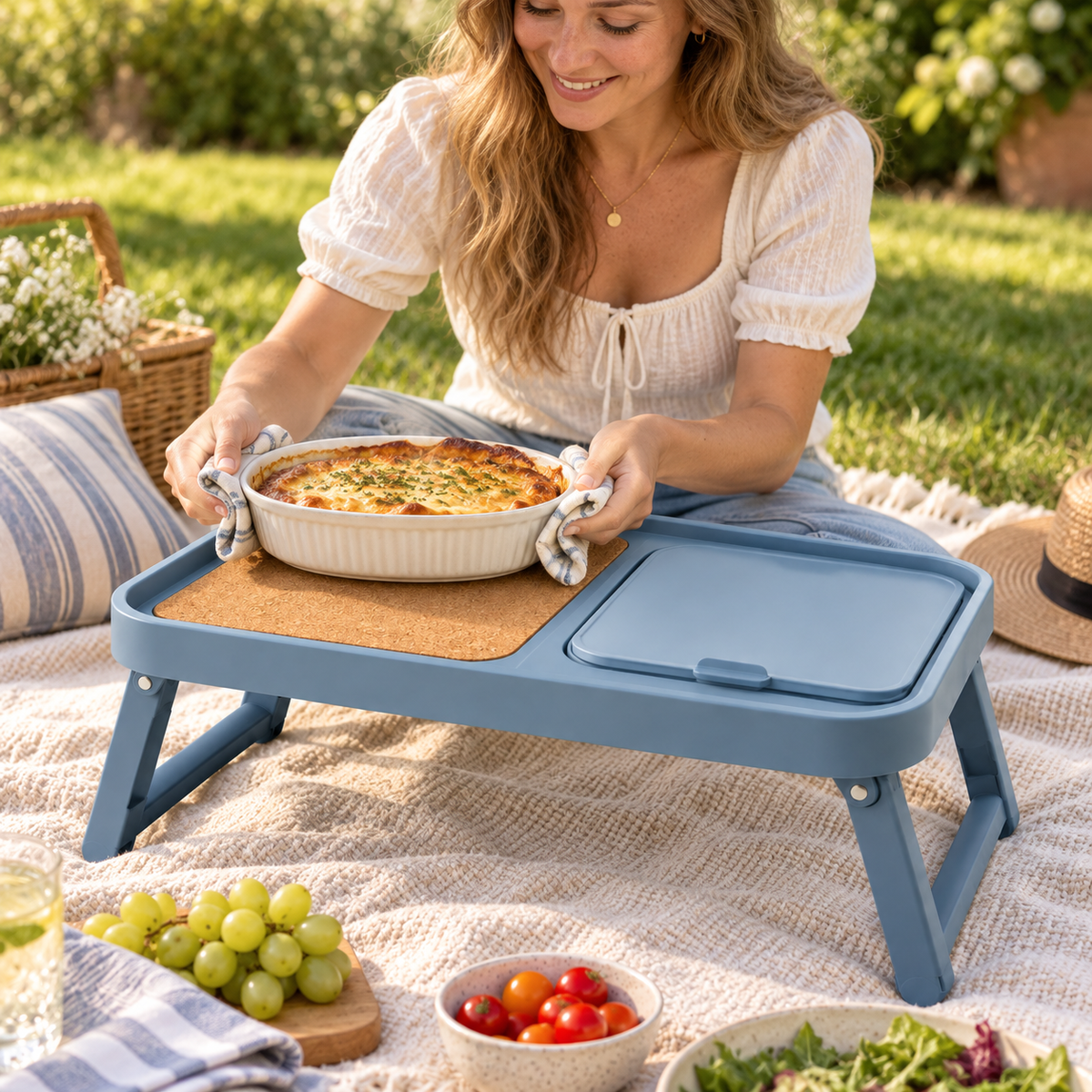 Insulated Tray Table with Built-In Cooler Compartment