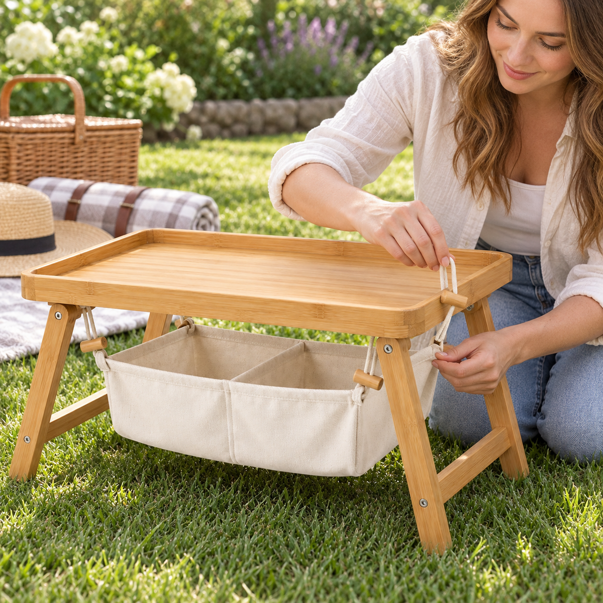 Bamboo Bed Tray with Hanging Storage Pouch