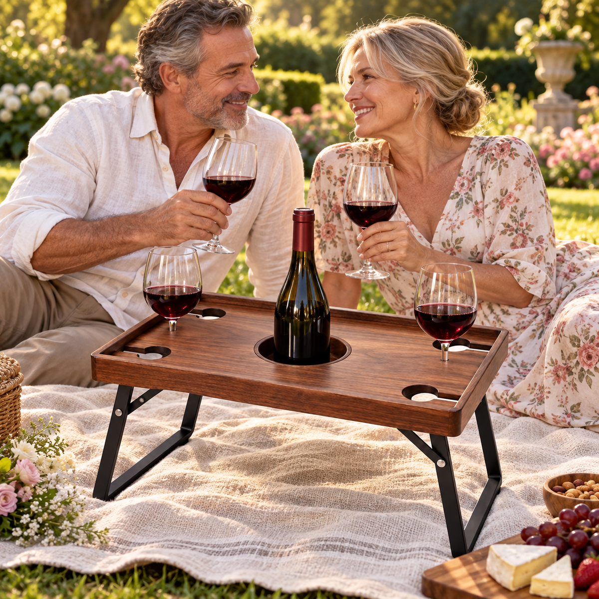 Walnut Wine Glass Party Tray with Folding Legs