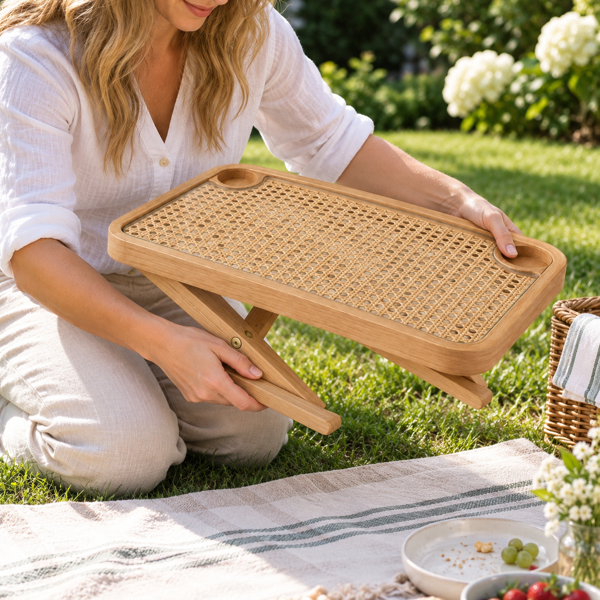 French Cane Rattan Bed Tray with Glass Top